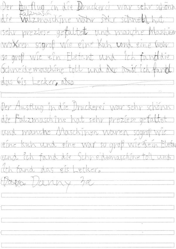 Handschriftlicher Bericht über Druckerei-Besuch mit Zeichnungslinien