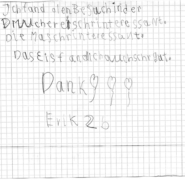 Kinderschrift über interessanten Besuch in der Druckerei mit „Danke“-Zeichnung