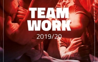 Nahaufnahme von jubelnden Handballspielern mit „TEAMWORK 2019/20“-Titel