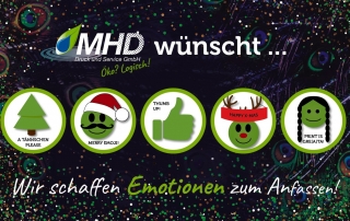 Weihnachtsgruß von MHD mit lustigen Icons und Sprüchen wie „Merry Emoji“ und „Thumb up“