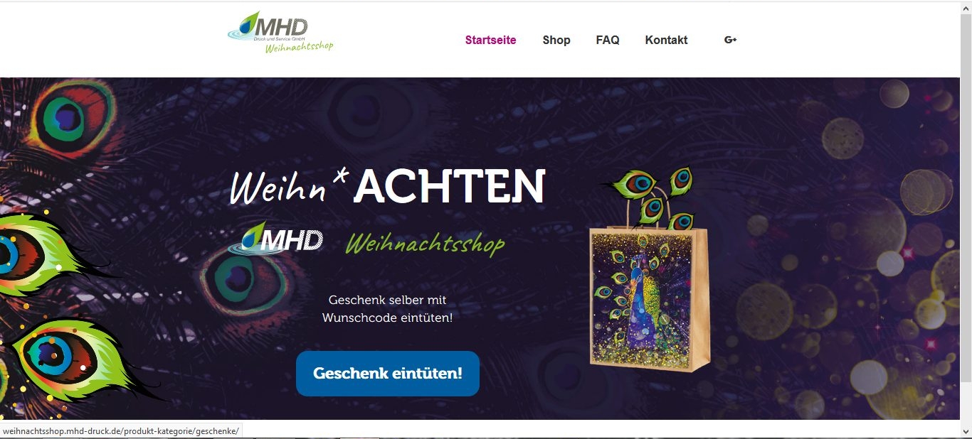 Startseite des MHD-Weihnachtsshops mit Geschenkbeutel und Schriftzug "Weihn*ACHTEN"