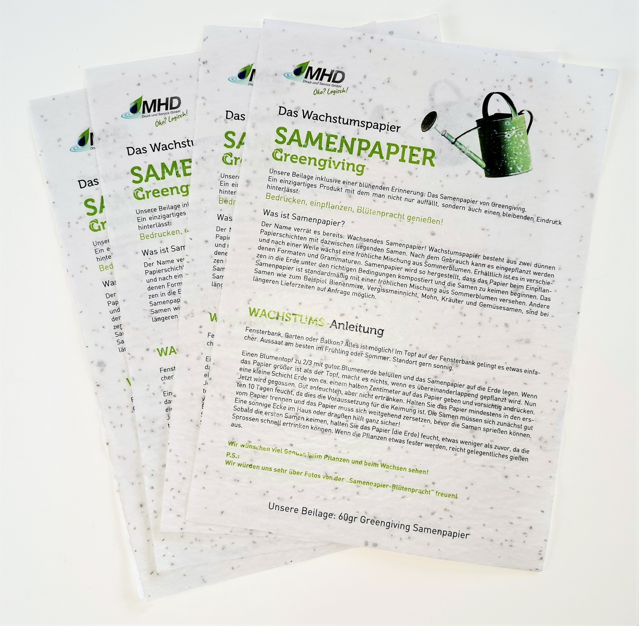 Samenpapier-Flyer im Fächer angeordnet: Vier Flyer, leicht überlappend auf hellem Untergrund