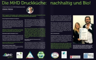 Magazinseite zur nachhaltigen Druckproduktion, mit Porträts und Ökosiegeln