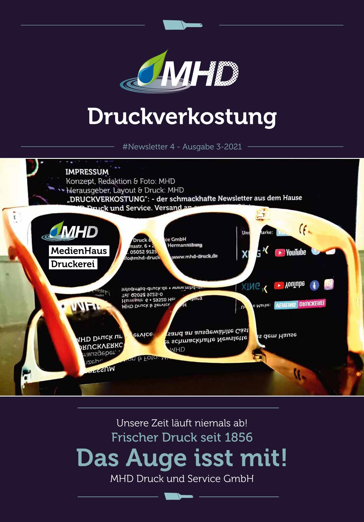 Magazin-Cover mit MHD-Logo, Brillenmotiv und Slogan „Das Auge isst mit!“