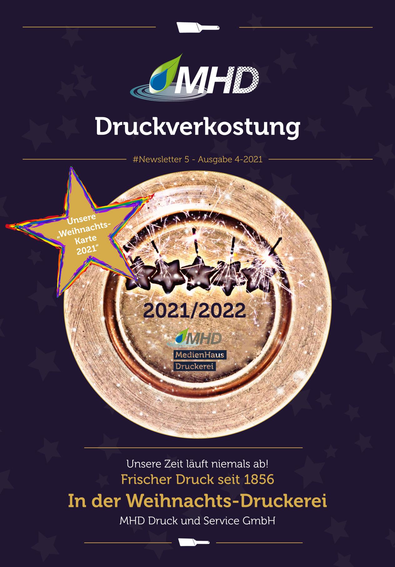 Goldteller mit Sternen und Wunderkerzen, Schriftzug „In der Weihnachts-Druckerei“
