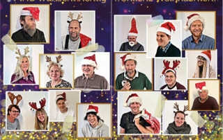 Team MHD mit Rentierhörnern und Weihnachtsmützen, Weihnachtsgruß „fröhliche Weihnachten“