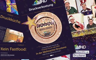 Weihnachtliches Collage-Design der MHD-Druckerei mit Teamfotos, Hund und festlichen Motiven