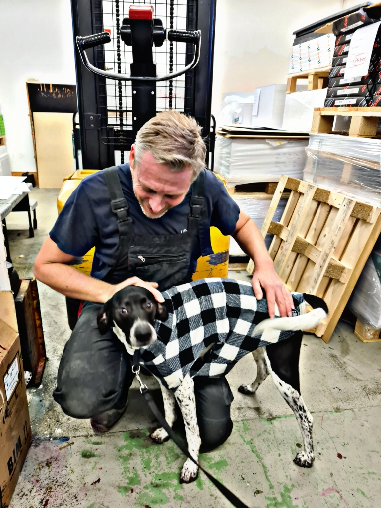 Mann in Arbeitskleidung streichelt Hund mit kariertem Mantel in Druckerei