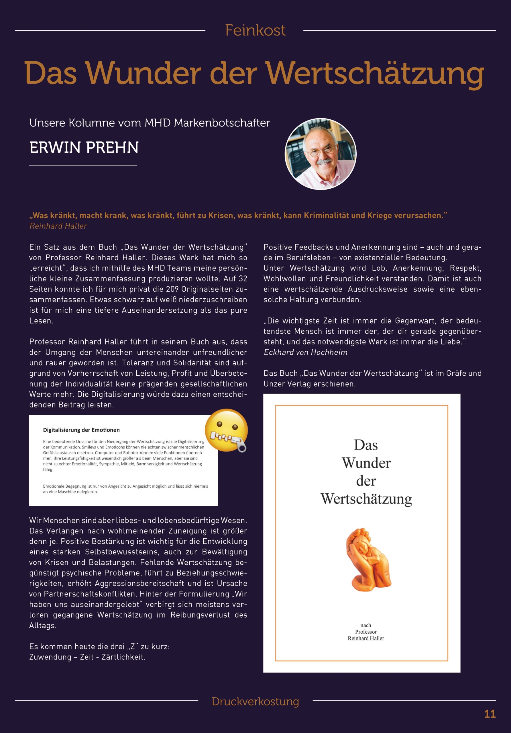 Kolumne von Erwin Prehn zum Buch „Das Wunder der Wertschätzung“ von Reinhard Haller