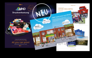 Bunte Collage mit Printprodukten, Infoseite und Stadionmotiven aus dem MHD-Newsletter